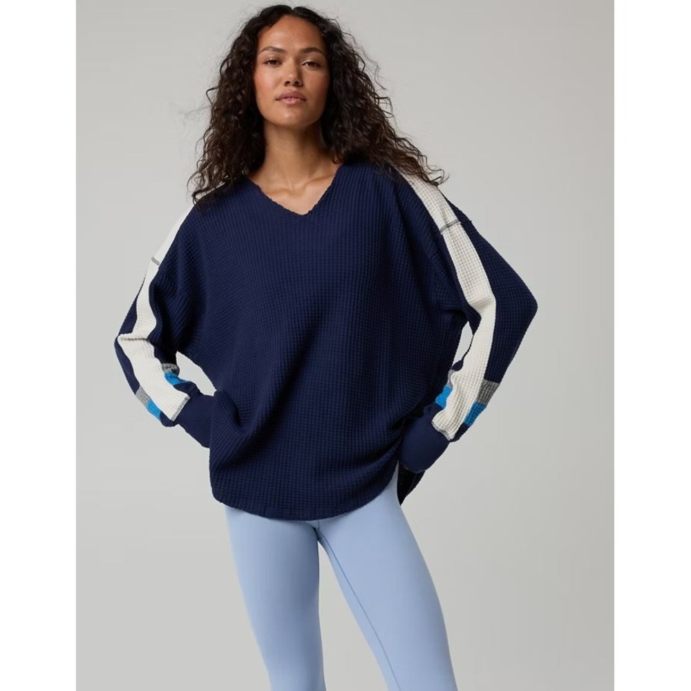OFFLINE by Aerie Womens Navy Blue Waffle Knit Colorblock V-Neck Top Size M
